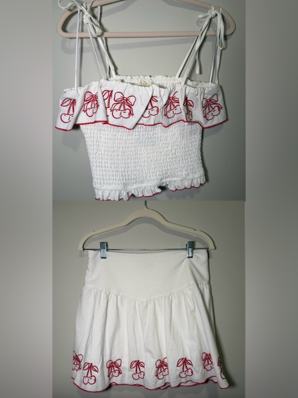 2 piece set! White Cherry Embroidered Skirt and top